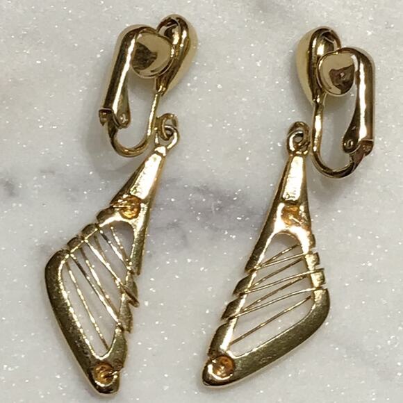 Crown Trifari Modernist Abstract Space Age Atomic Clip On Earrings Wrap Wire MCM - Picture 10 of 15